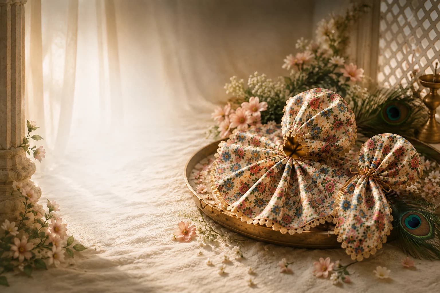 Floral poshak arranged on a brass thali with flowers and peacock feathers